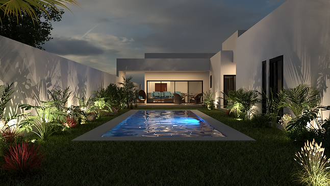 Piscina iluminada de Casa Ágora con jardines laterales y terraza cubierta al fondo.