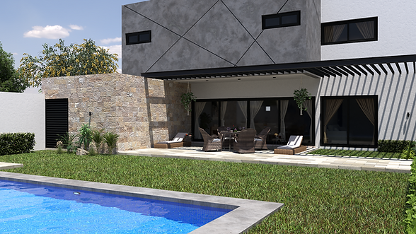 Fachada contemporánea de Casa Alcalá en Mérida con garaje para tres autos, piedra natural y pérgola metálica