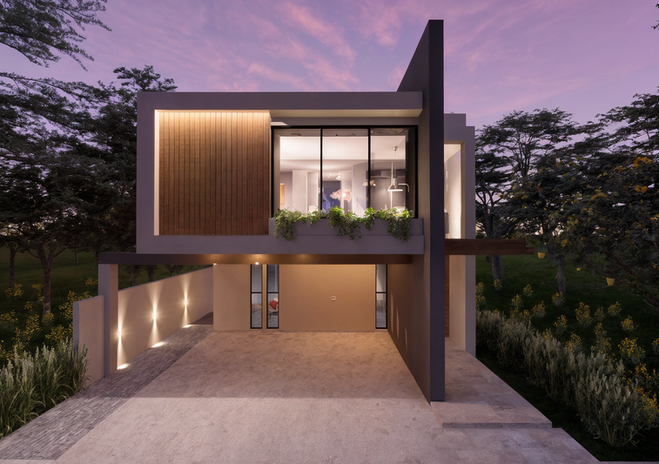 Casa moderna en venta en Mérida, Yucatán, México, con fachada principal nocturna, diseño contemporáneo, iluminación arquitectónica y cochera techada