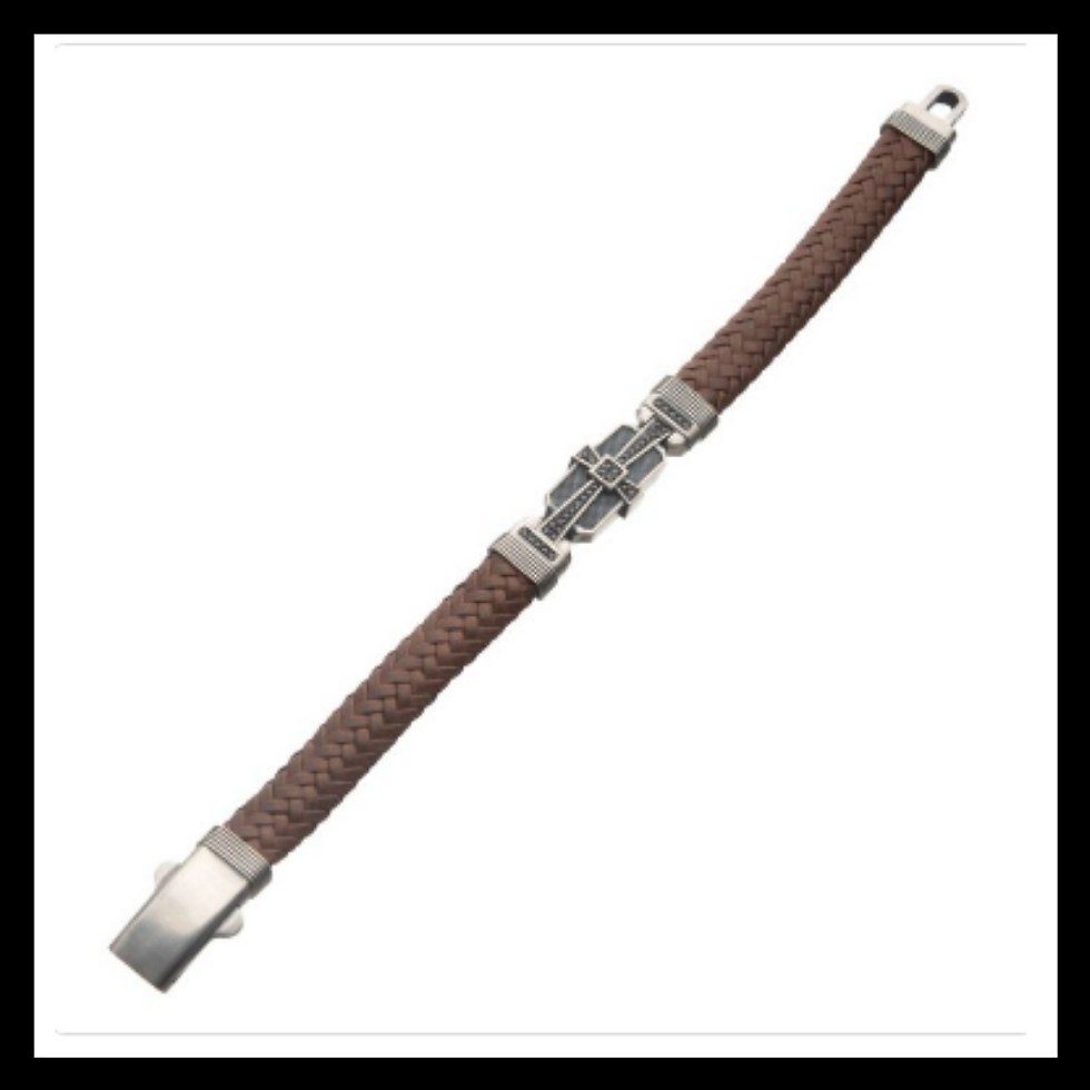 INOX 925 Sterling Silver with brown chevron braided Leather and 40pc Black CZ Bracelet open band