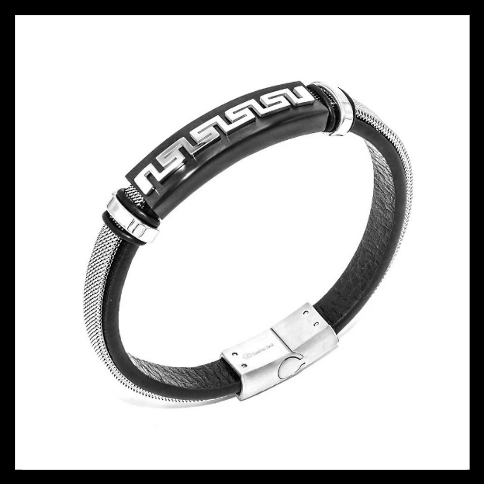 Thumbnail: greek plaque gold stainless steel in black leather mens bracelet