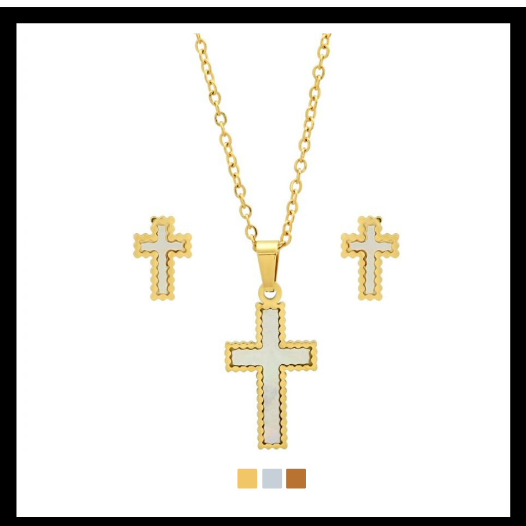 gold stainless steel cross necklace and earrings womens jewelry set