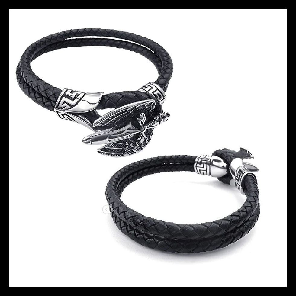 gothic  sword with angel wings stainless steel double black braided leather mens bracelet front and inside