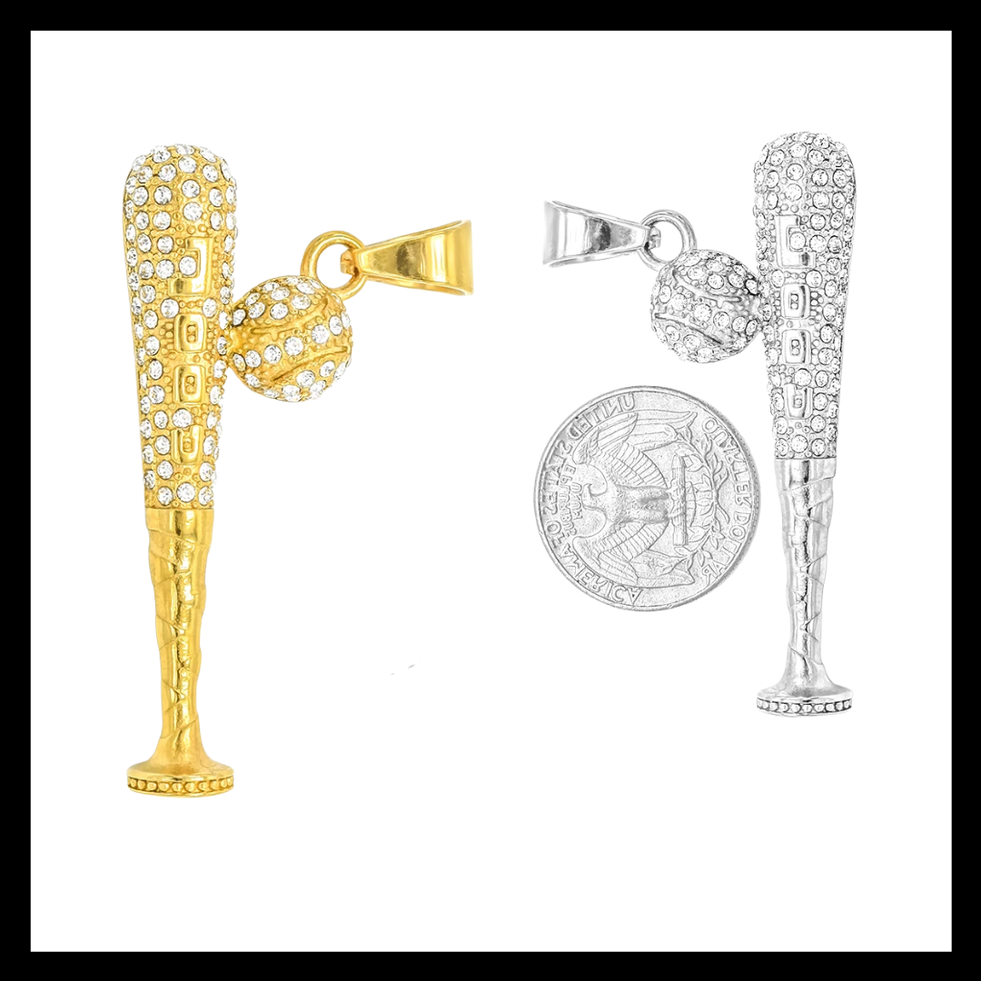 gold and silver stainless steel baseball bat and baseball pendants