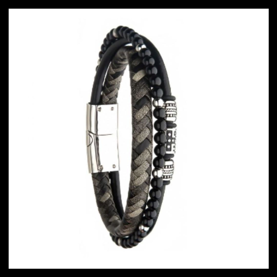 INOX Black Onyx Beads with Black Braided Leather Layered Bracelet