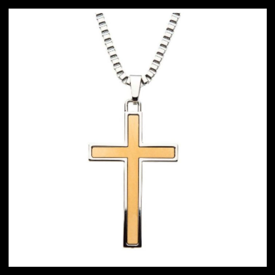 INOX Stainless steel two tone cross with box chain necklace