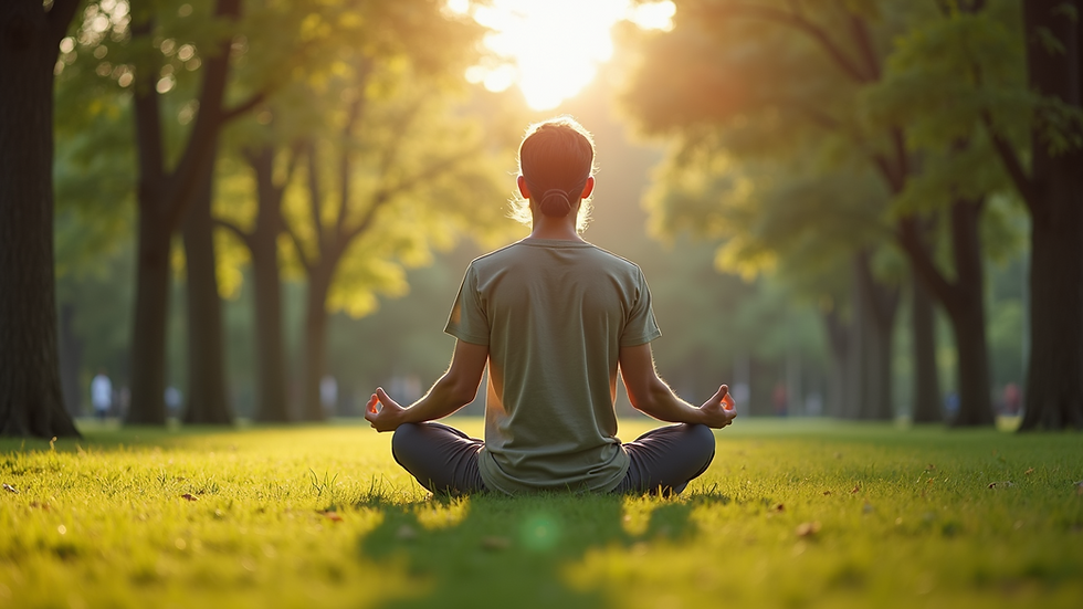 Eye-level view of a person meditating in a peaceful park