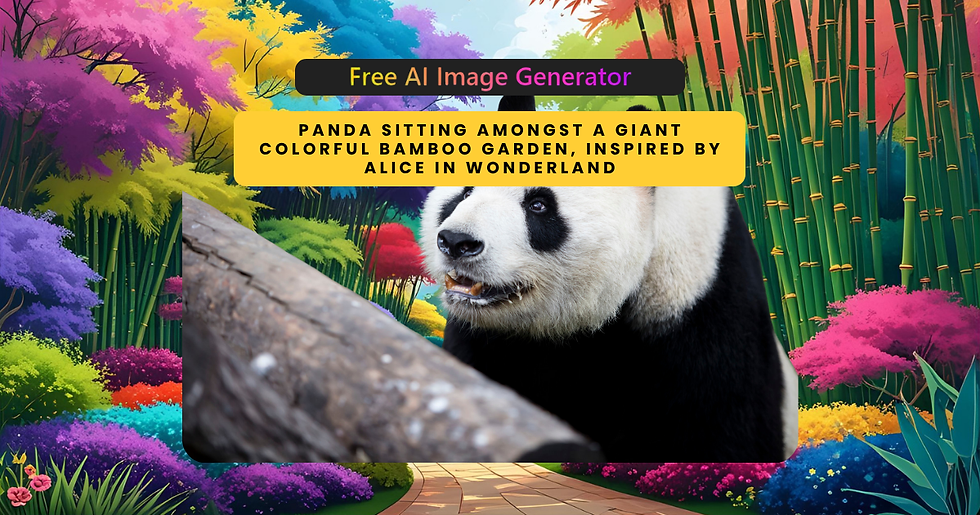 Panda in colorful bamboo garden, inspired by Alice in Wonderland. Bright foliage in hues of purple, pink, and blue surrounds the scene.
