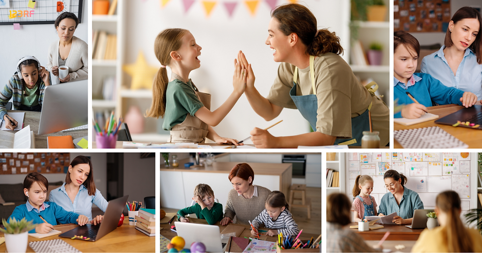 Collage of children and adults engaging in learning activities at home. Scenes include high-fives, discussions, and computer work in colorful settings.