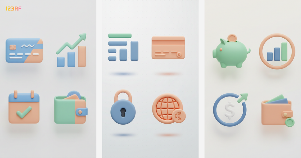 3D pastel icons: credit card, growth chart, calendar, wallet, padlock, globe, piggy bank, dollar sign, wallet with papers. Minimalist style.