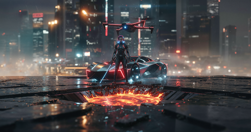 Futuristic scene: armored person with sword, drone, and car on rooftop. Fiery crater below, city skyline in background. Mood: intense.