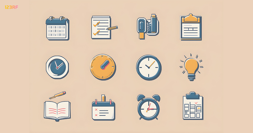 Icons of calendar, checklist, clock, and lightbulb on beige background. Features objects like clipboard, gauge, and book, in soft colors.