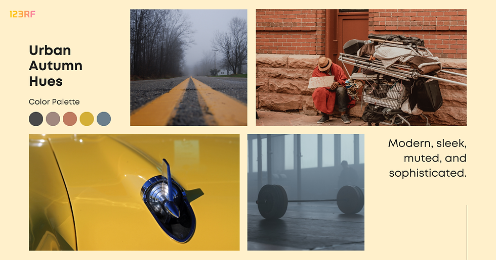 Collage of autumn scenes: foggy road, person with cart by brick wall, gym weights, yellow car detail. Text: "Urban Autumn Hues" and color palette.