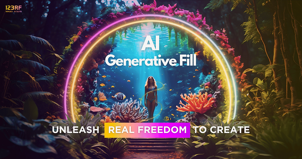 123RF AI Generative Fill. Banner image of a woman emerging from a underwater portal into a forest