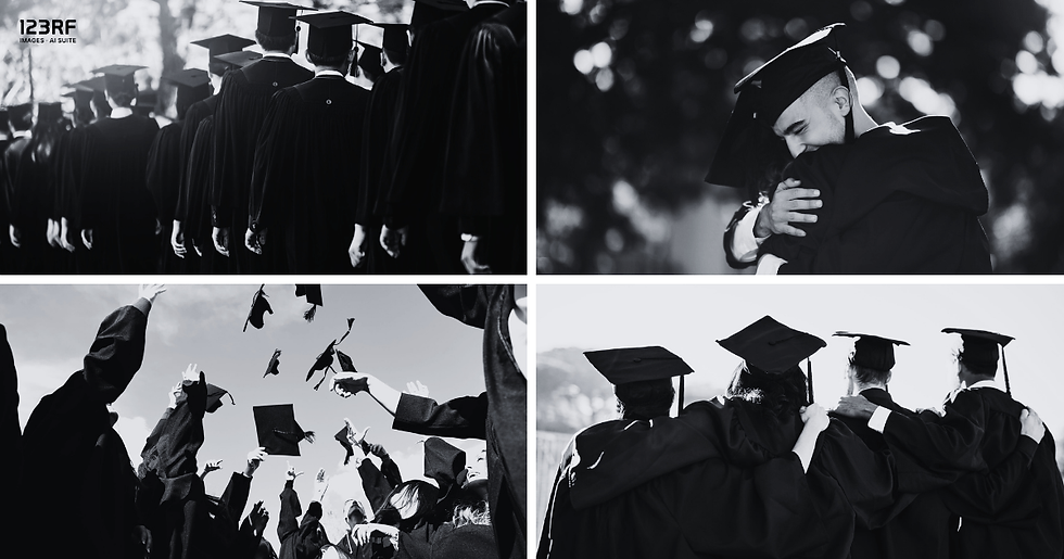 Graduation with friends in college for celebration success with students hugging on campus
