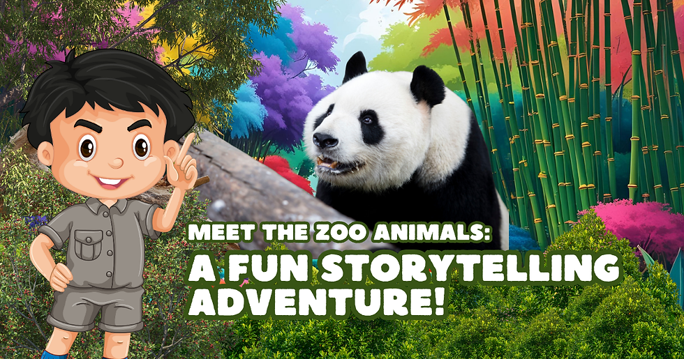 Cartoon boy and panda in colorful forest. Text: "Meet the Zoo Animals: A Fun Storytelling Adventure!" Vibrant bamboo and trees in background.