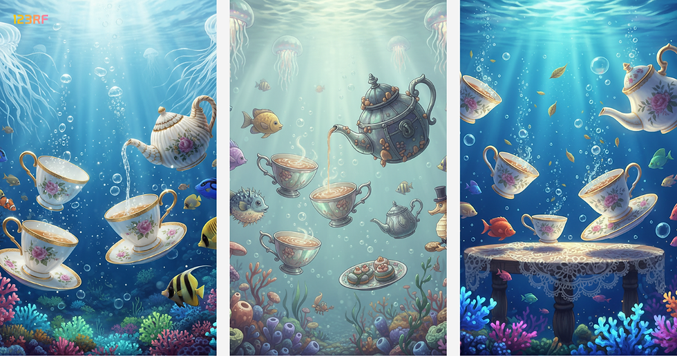 Teacups and teapots float underwater amidst colorful fish and coral. Sunlight filters through, creating a whimsical, serene scene.