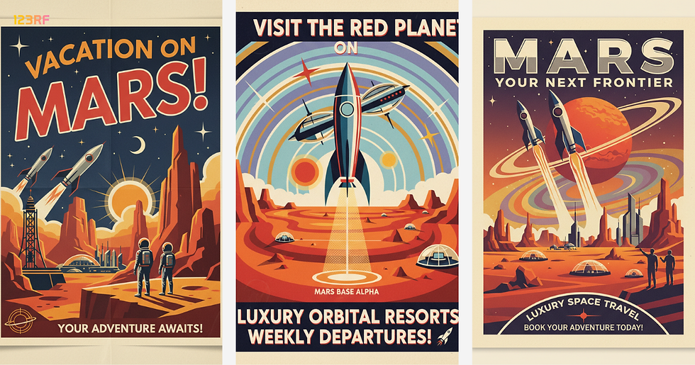 Vintage Mars travel posters feature rockets and astronauts on red landscapes, promoting vacations and luxury space travel. Bold colors evoke adventure.