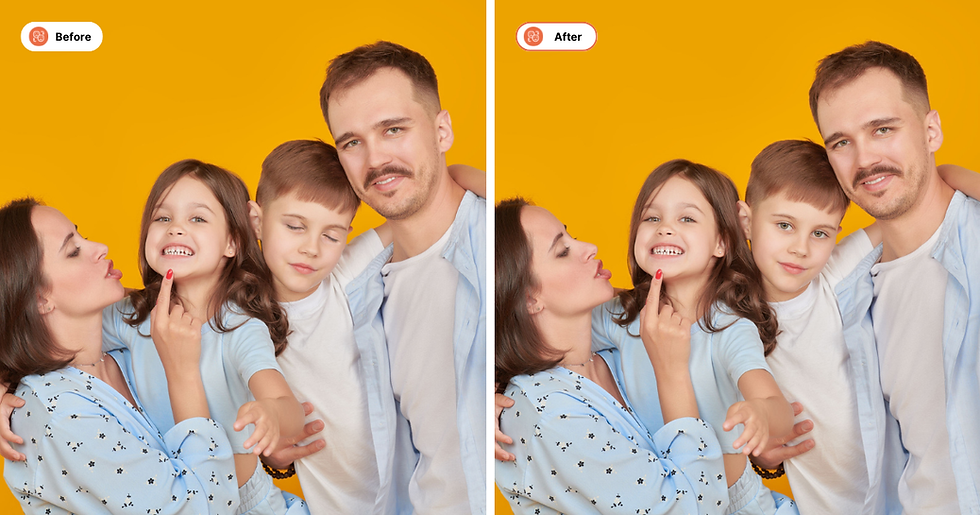 123RF AI Face Swap, image of a family of four posing for a photo