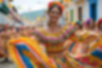 Smiling woman in colorful traditional dress dances in a vibrant street festival, surrounded by colorful flags and buildings.