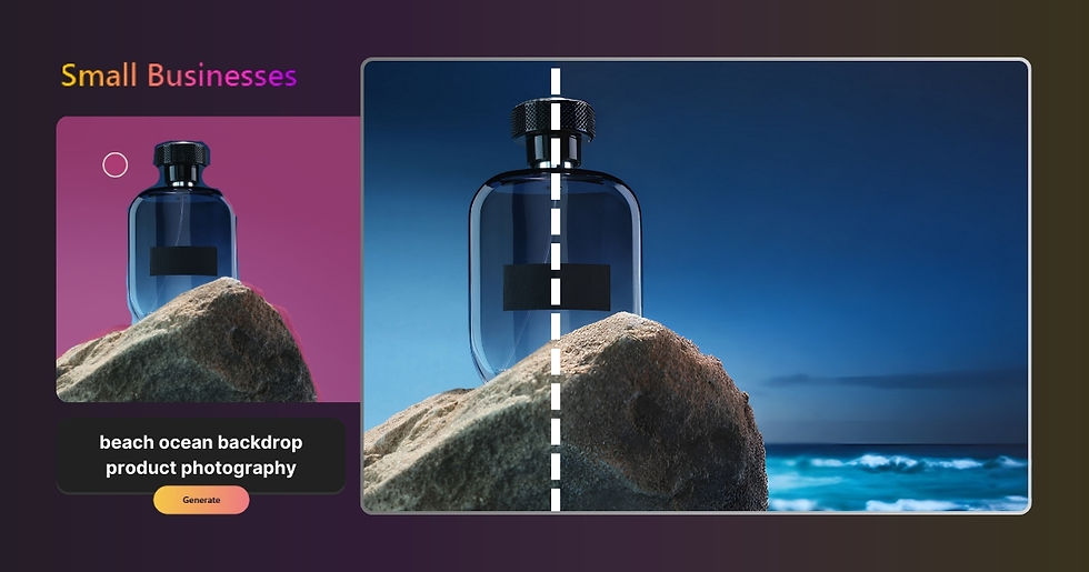 123RF AI Generative Fill. Small Business. Sample images of beach ocean backdrop product photography. Generate.
