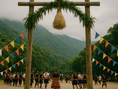 Traditional Indigenous Taiwanese harvest festival in a mountain village, with participants in colorful attire dancing in a circle beneath a decorated wooden arch, surrounded by lush greenery and festive decorations