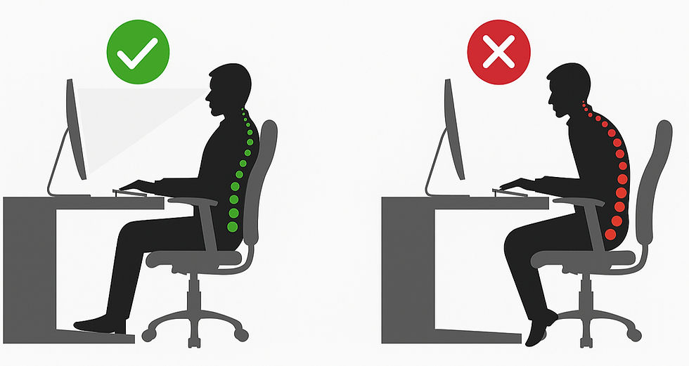 Proper vs poor sitting posture at a computer screen at your work desk