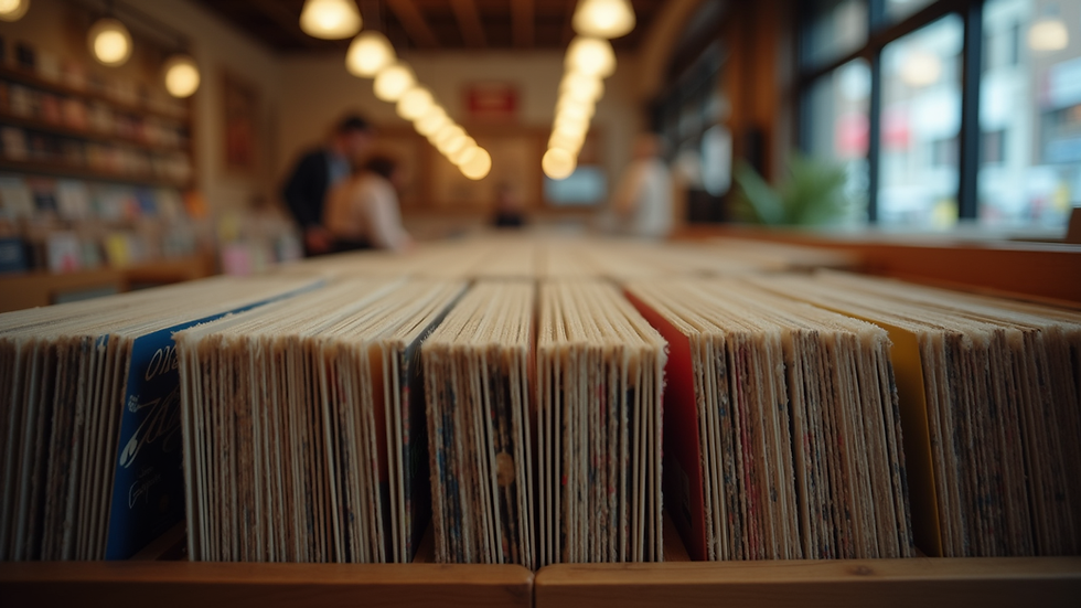 Eye-level view of a vinyl record shelf in a cozy record shop