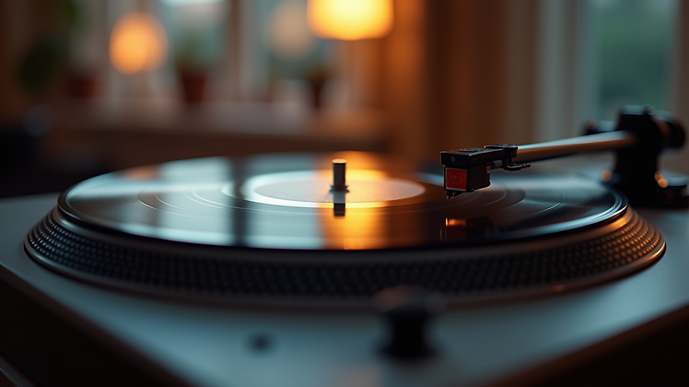 Close-up view of a spinning vinyl record on a turntable