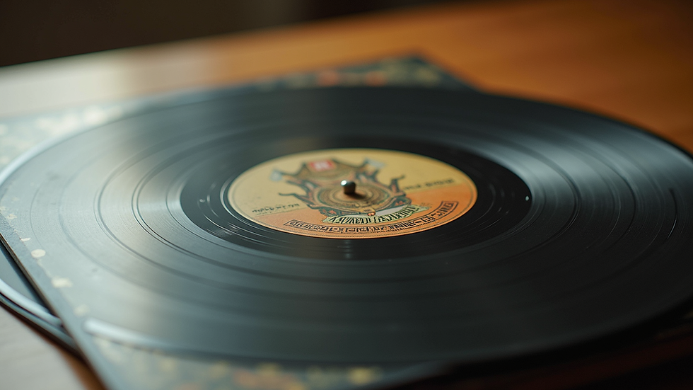Eye-level view of a custom vinyl album cover with intricate artwork and fold-out design