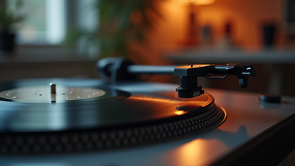 Eye-level view of a vinyl record spinning on a turntable