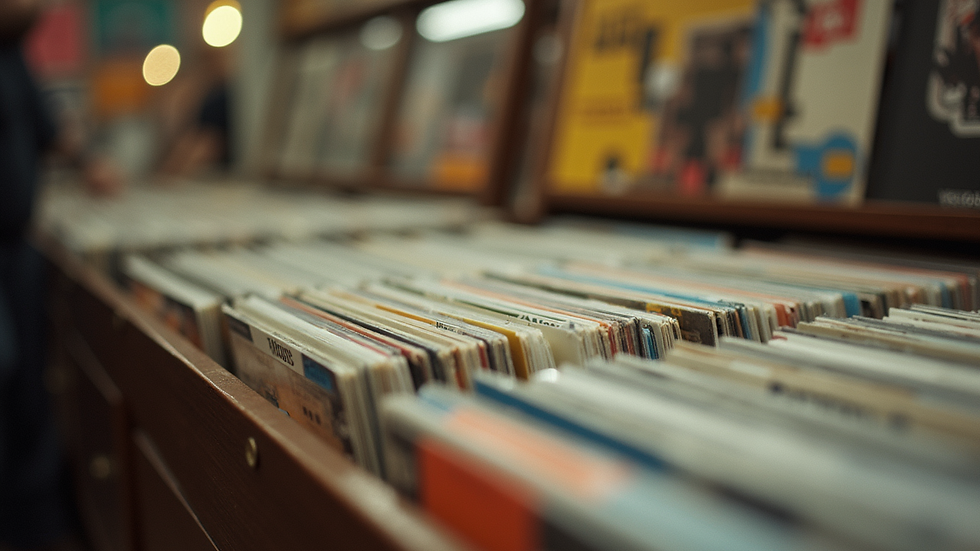 Eye-level view of a record shop shelf filled with colourful vinyl records