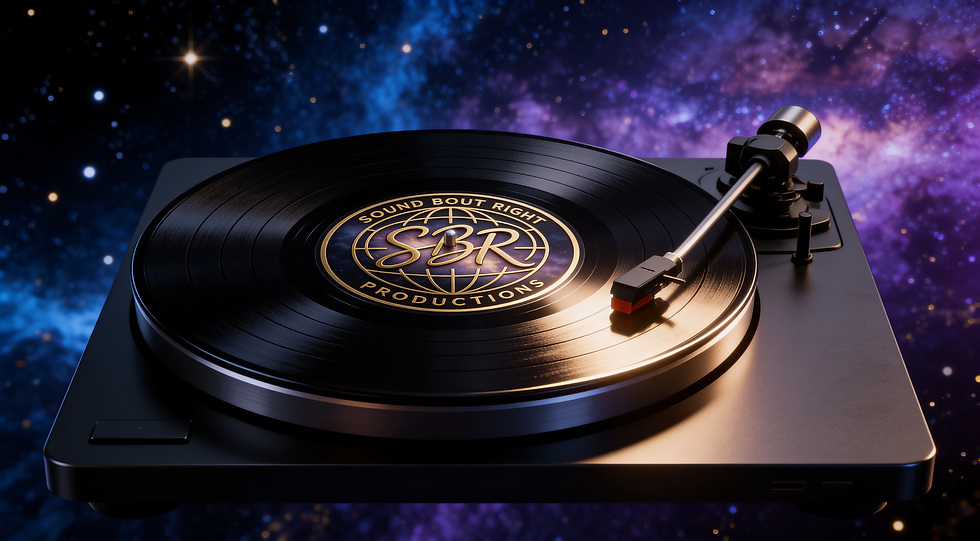 Turntable close-up with Sound Bout Right Productions logo against a deep-space cosmic background