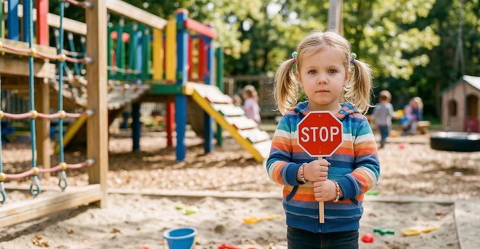 A young girl at a playground holding a small stop sign, illustrating the concept of learner assent and setting boundaries while attending ABA therapy at Something to Say ABA in Springfield, IL