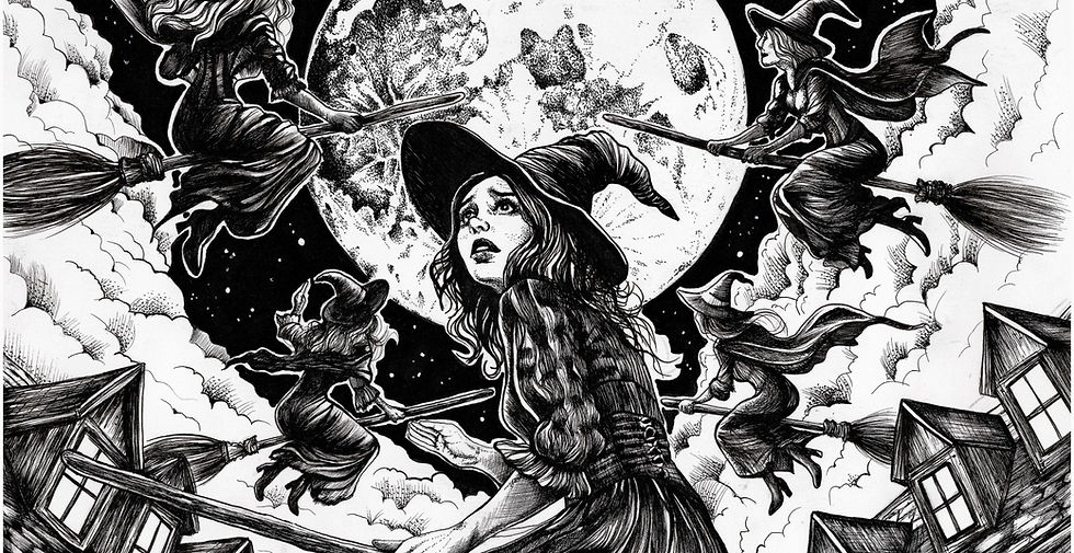 A pen and ink illustration of a witch apprehensively about to fly on her broom and join her coven into the night sky.