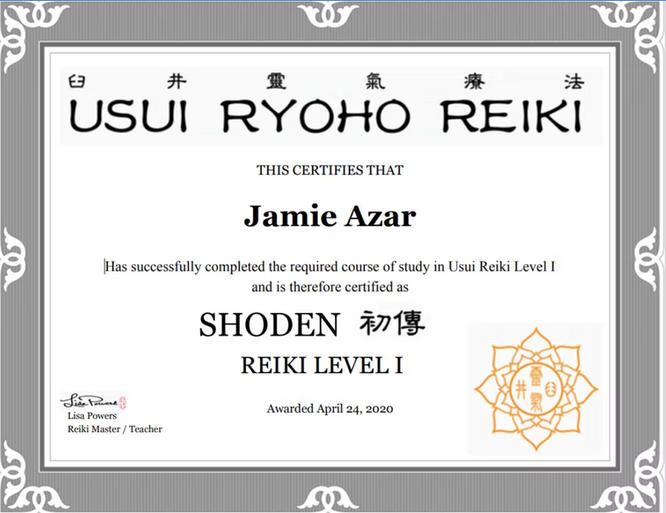 Jamie Azar Reiki 1 Certification