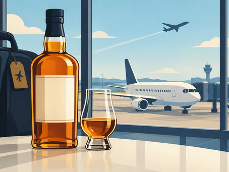 whisky bottle and glass at an airport, representing travel-exclusive whisky, limited-edition releases and duty-free shopping.