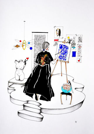 dessin-original-artiste-atelier-leys-posca-bleu-autoportrait-crayon-detail