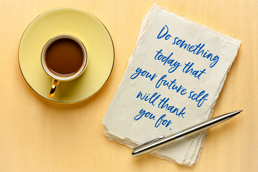 Coffee cup with note, 'Do something today that your future self will thank you for.' Starting on a PCS budget.