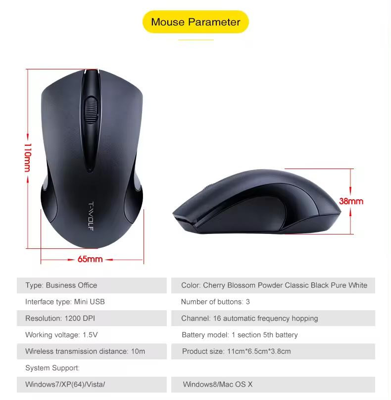 T-Wolf Q2 Funkmaus Pink – kabellos 2,4 GHz, 1600 DPI, beidhändig