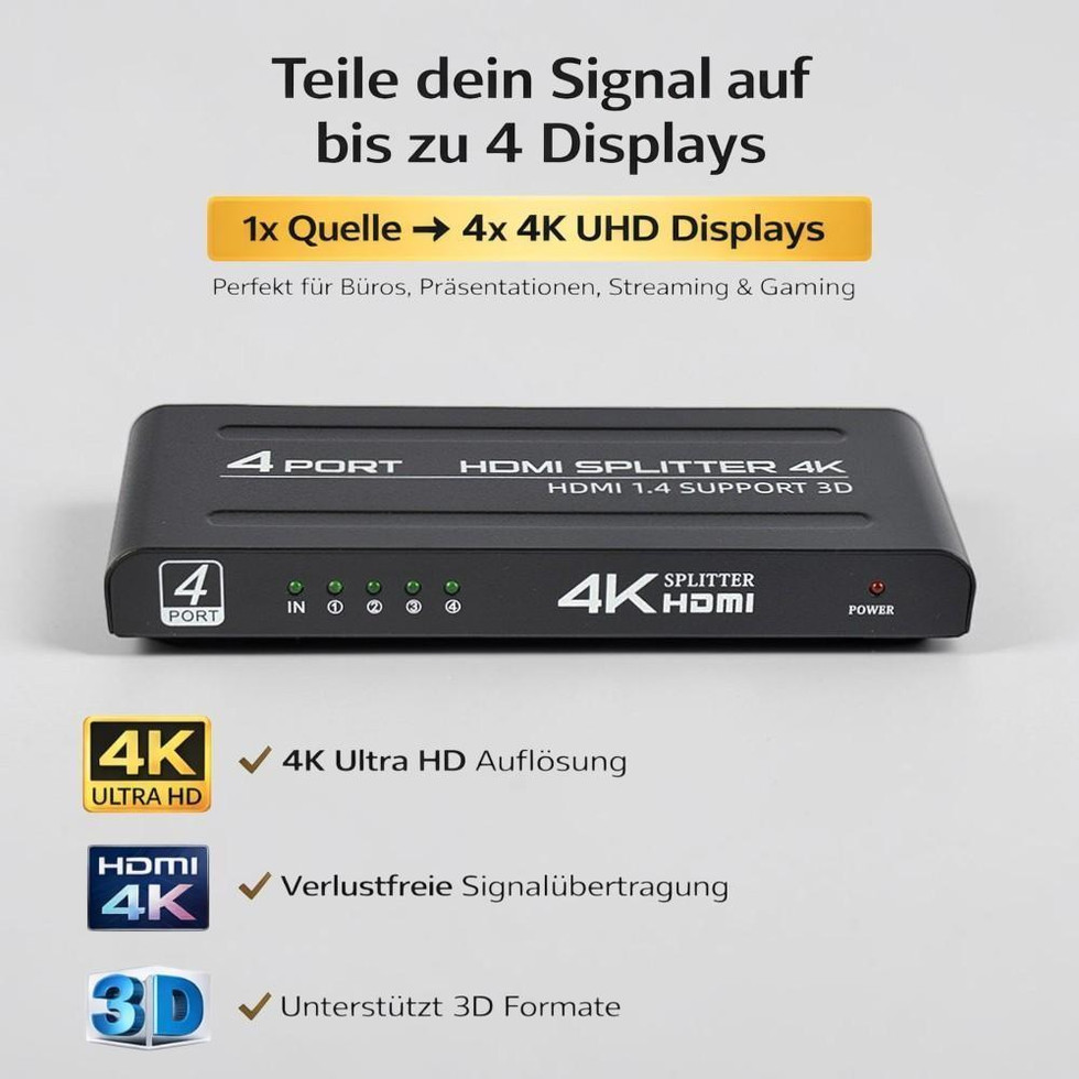 HDMI Splitter 1x4 · 4K Verteiler (1 Eingang → 4 Ausgänge)