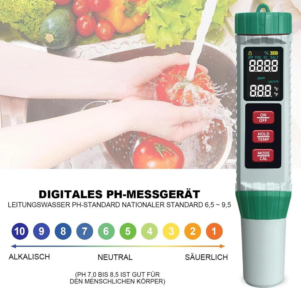 5-in-1 Wassertester Digital – pH, TDS, EC, Temperatur & Salzgehalt