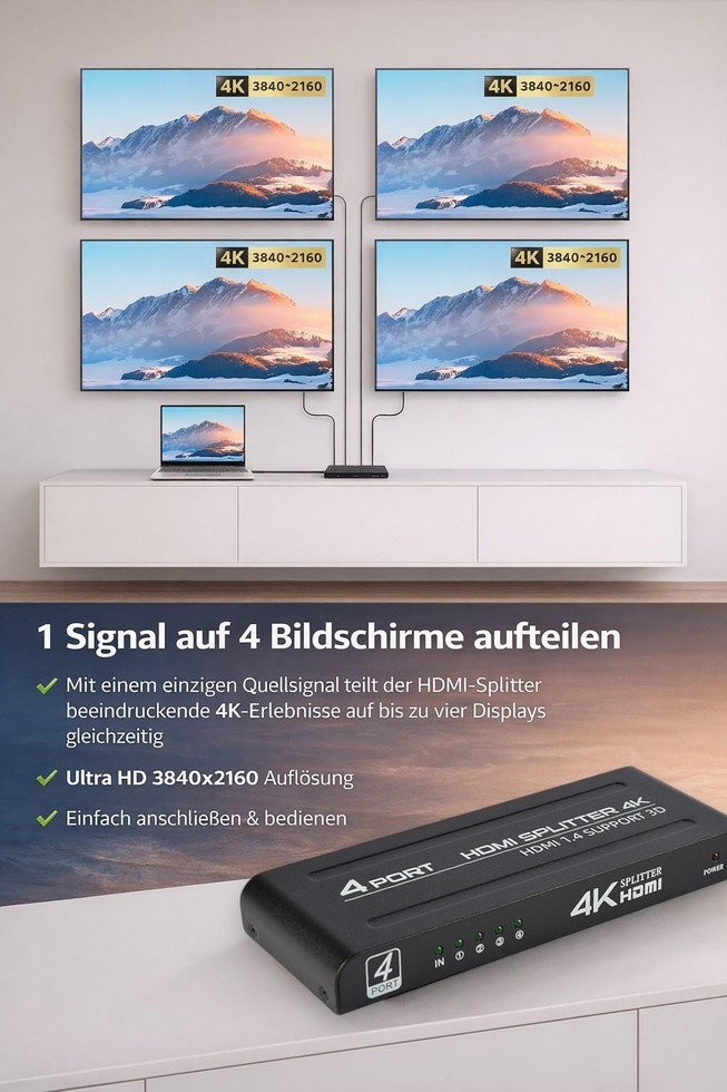 HDMI Splitter 1x4 · 4K Verteiler (1 Eingang → 4 Ausgänge)