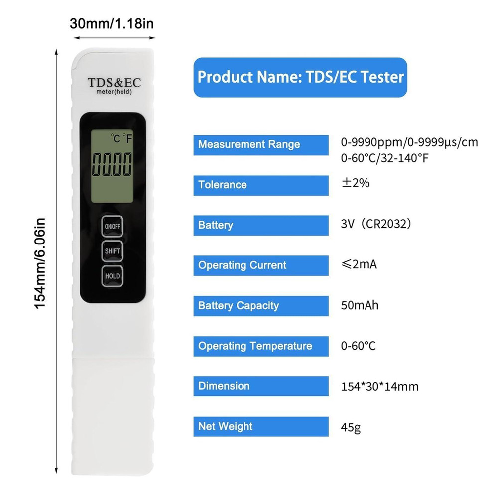 3in1 TDS/EC/Temp Wassertester – Trinkwasser & Aquarium
