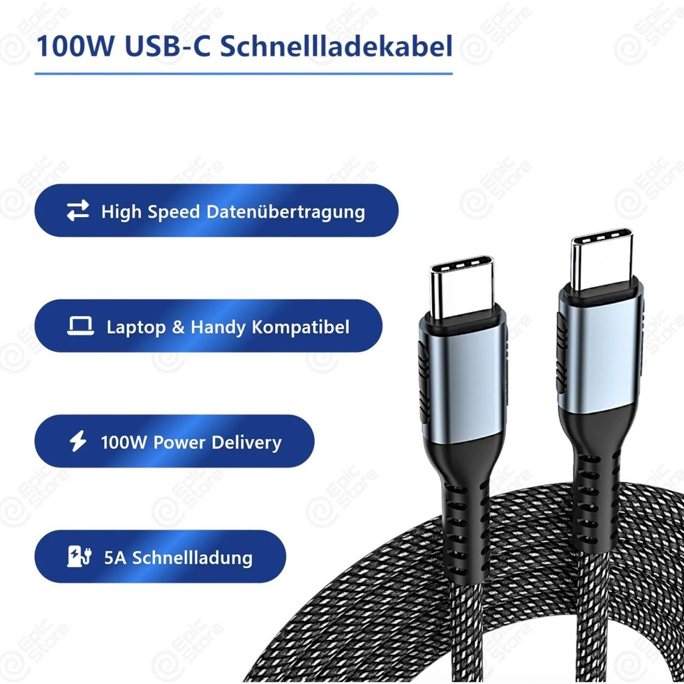USB-C auf USB-C Kabel Schwarz – 100W Schnellladen & Datenkabel 1–2 m