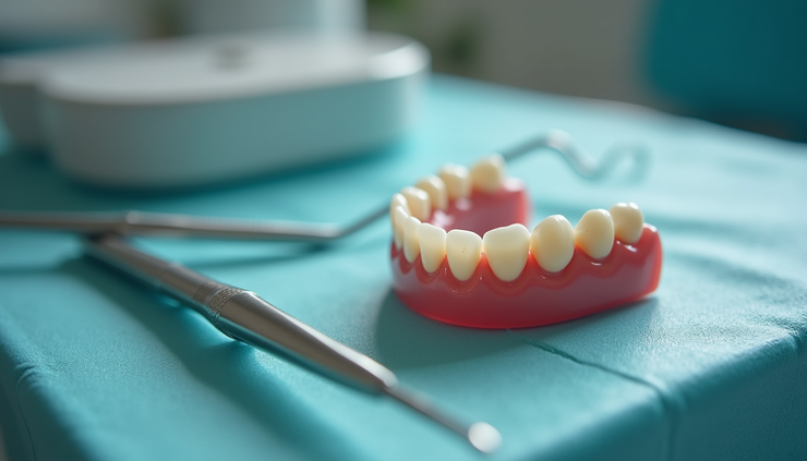 High angle view of dentures and dental tools on a wooden table