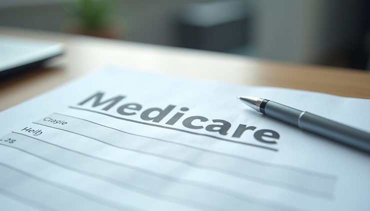 Eye-level view of a Medicare enrollment form with a pen resting on it