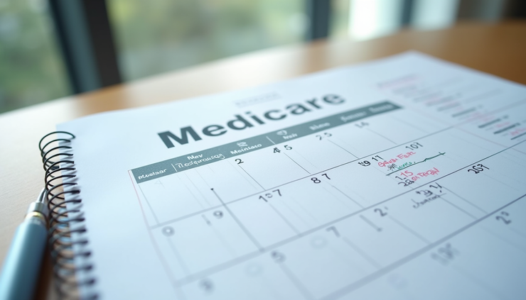 High angle view of a calendar marked with Medicare enrollment dates