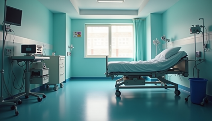 Eye-level view of hospital bed in a patient room