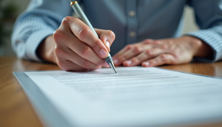 Close-up of a senior filling out Medicare paperwork at a desk